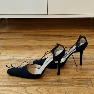 SOLD Manolo Blahnik D'Orsay Black Heels with tie at ankle